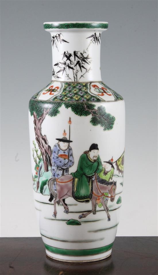 A Chinese famille verte rouleau vase, 29.5cm